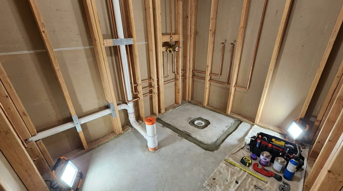 Bathroom rough-in plumbing during remodel by Johns Plumbing LLC in Abington