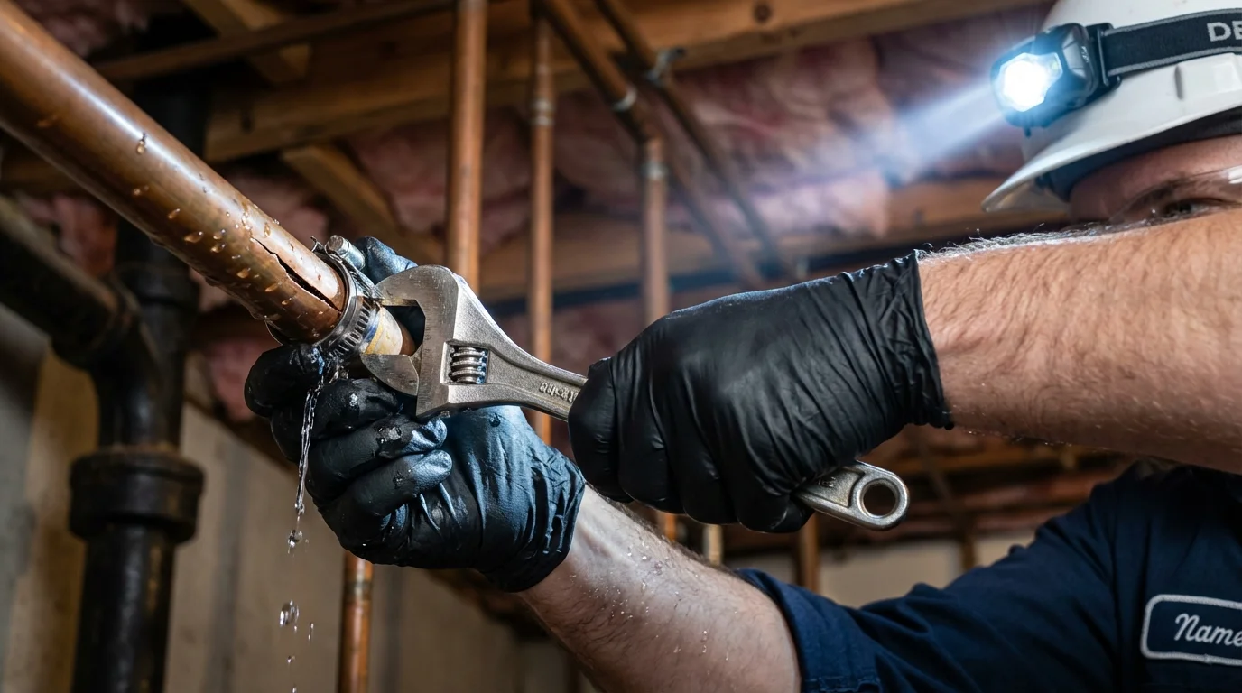 Emergency pipe clamp repair being performed by a Johns Plumbing LLC plumber in Abington