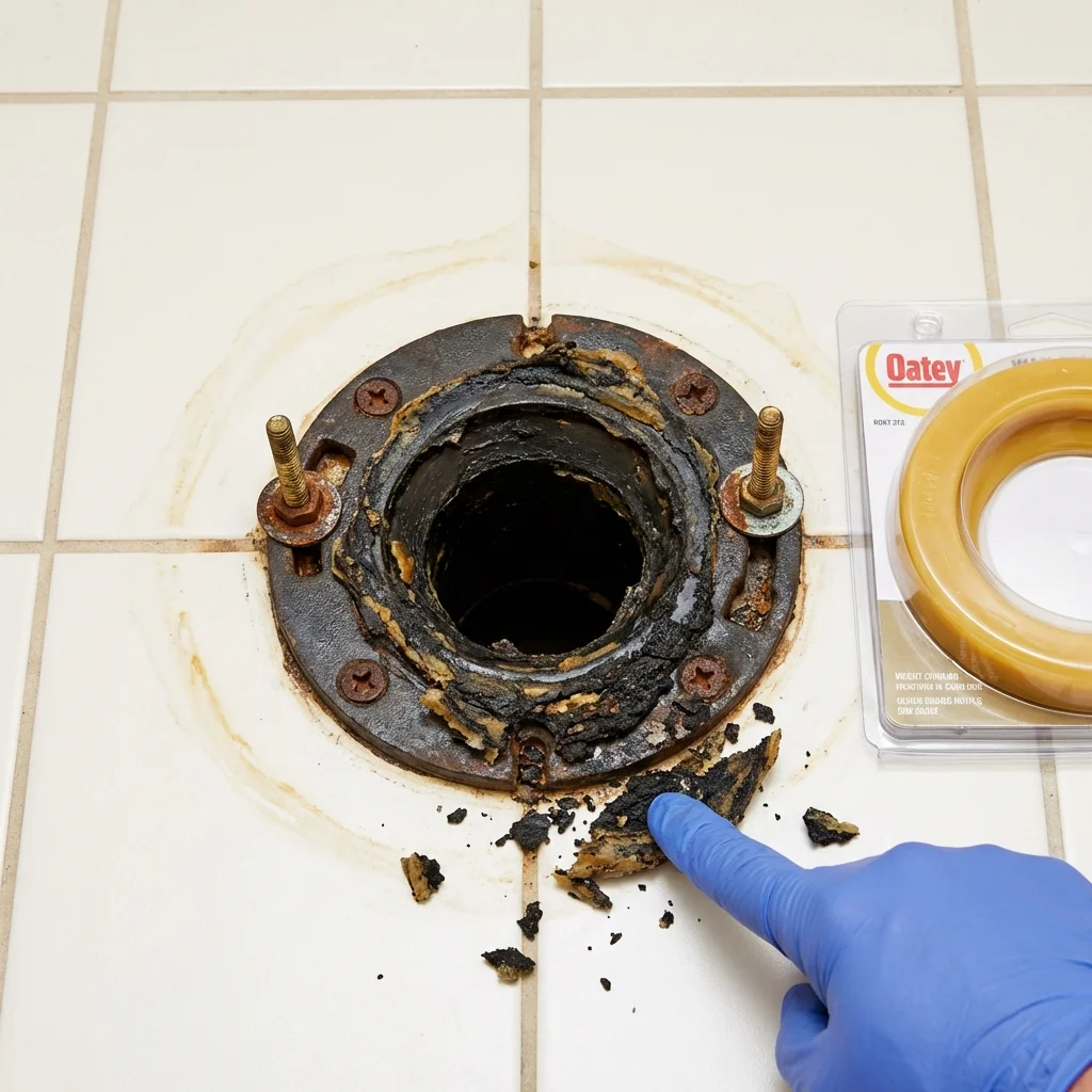 Failed wax ring showing water seepage at the base of a toilet in a Abington, MA home