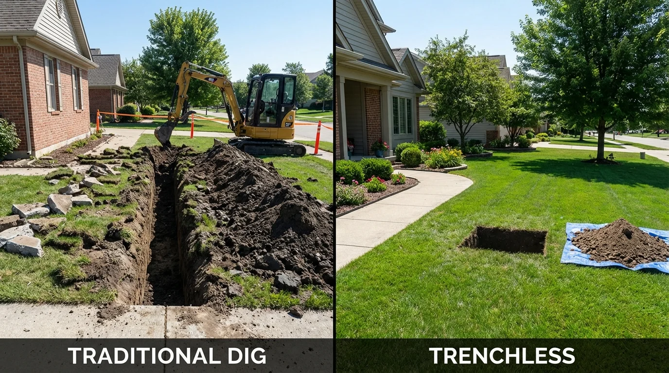 Trenchless sewer repair with minimal yard damage versus traditional excavation in Abington, MA